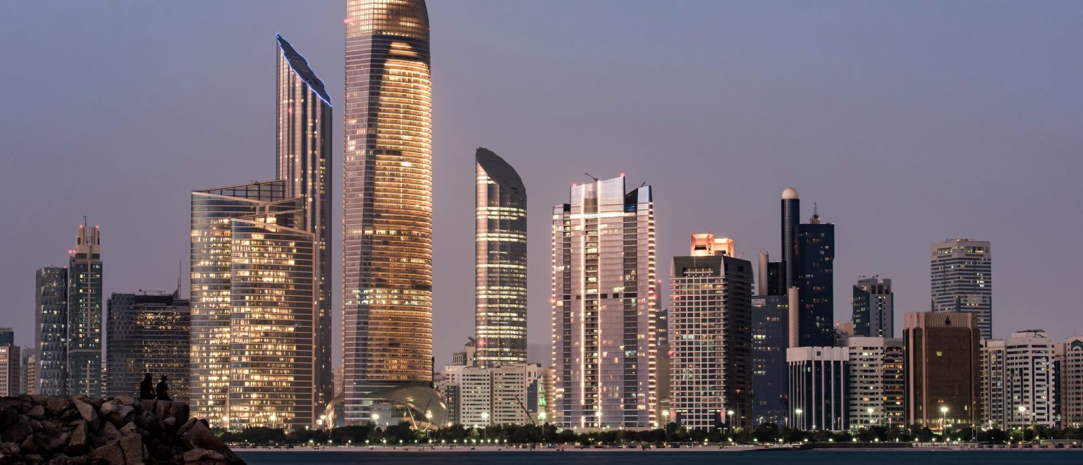 June 23, 2018: Abu Dhabi Seascape with skyscrapers in the background at evening, UAE